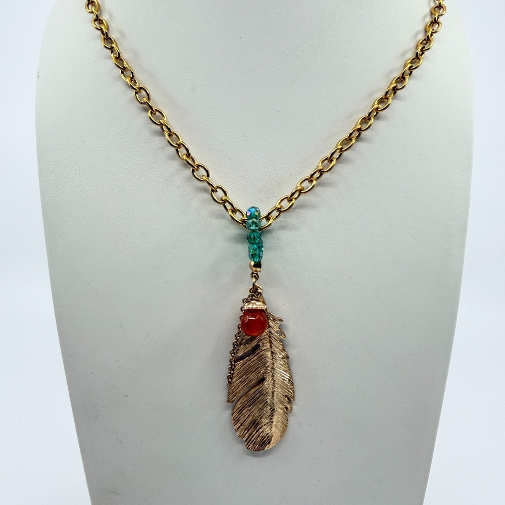 Vintage Gold Tone Feather Pendant Necklace Teal Crystals Orange Agate Bead Y2K